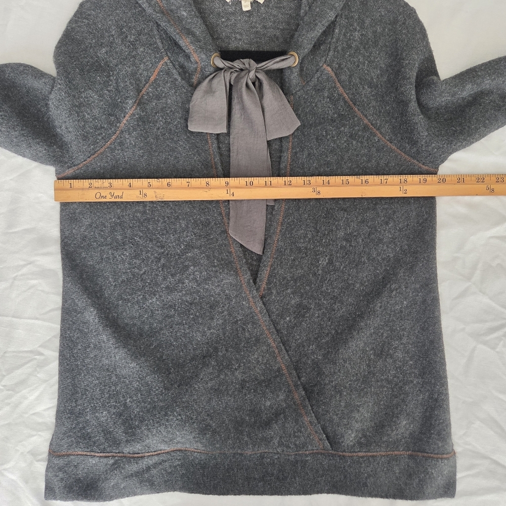 Mystree Fuzzy Draped Front Surplice Bow Tie Bell Sleeve Hooded Sweater Gray S - Picture 8 of 8